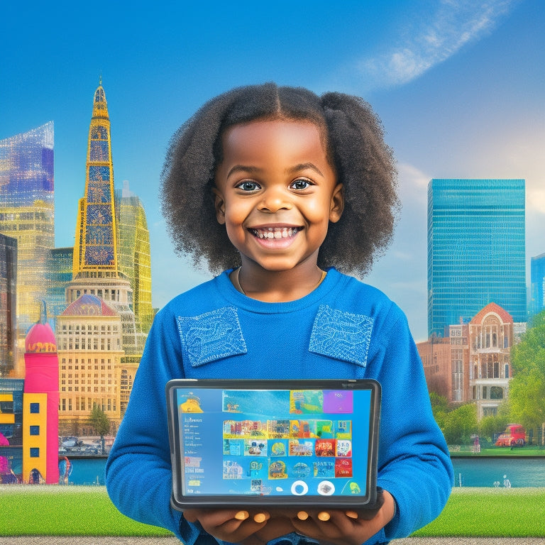 A colorful, clutter-free illustration of a smiling child (ages 6-8) holding a tablet, surrounded by floating icons of educational apps, with a subtle cityscape or park background.