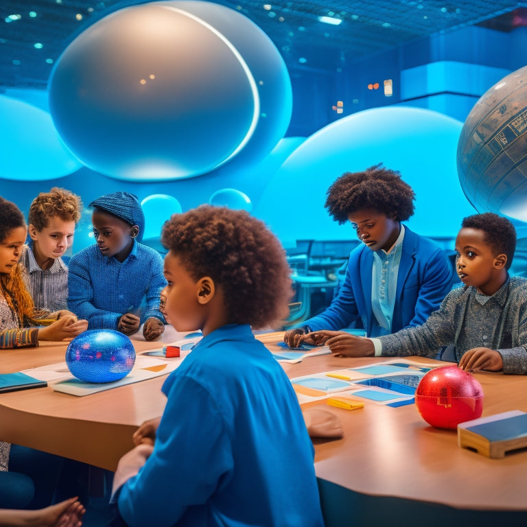 A futuristic classroom with a diverse group of students engaging with interactive STEM tools, surrounded by globe-shaped robots, coding blocks, and virtual reality headsets, amidst a backdrop of swirling language patterns.