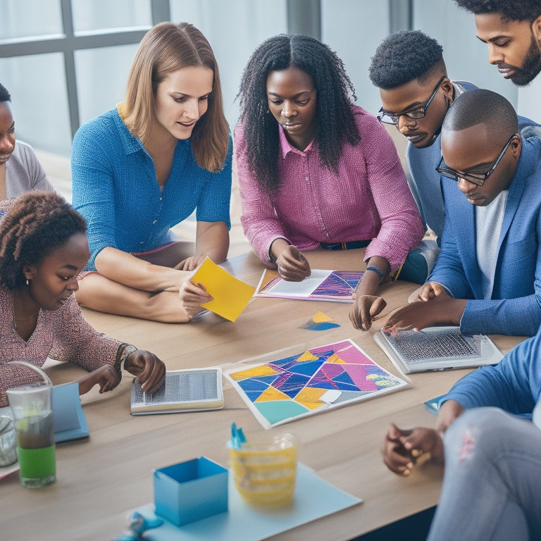 A vibrant illustration of diverse students gathered around a tablet, laptops, and a whiteboard, engaged in math activities, surrounded by geometric shapes, graphs, and equations, with colorful sticky notes and collaborative gestures.
