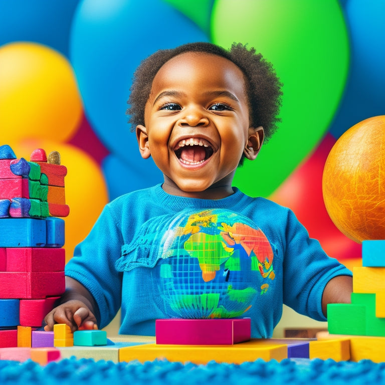 A colorful illustration of a smiling child surrounded by building blocks, puzzles, and a globe, with a subtle math-inspired background, conveying a sense of fun and learning.