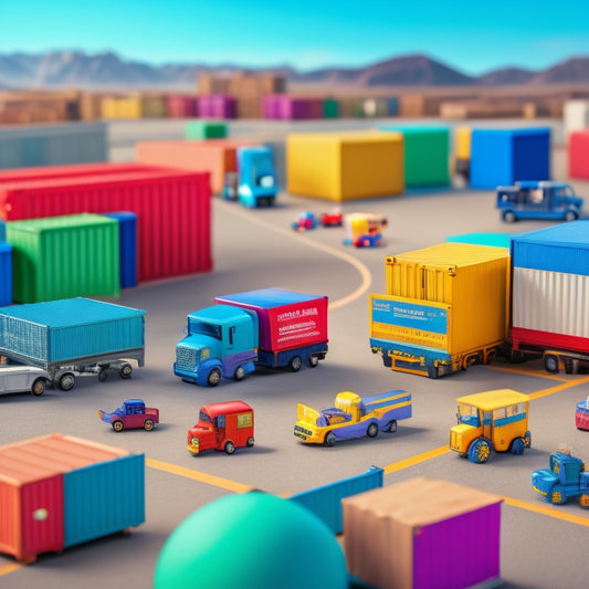 A colorful illustration of a global map with toy factories and warehouses in the background, surrounded by diverse toys and games, with shipping containers and trucks in the foreground.