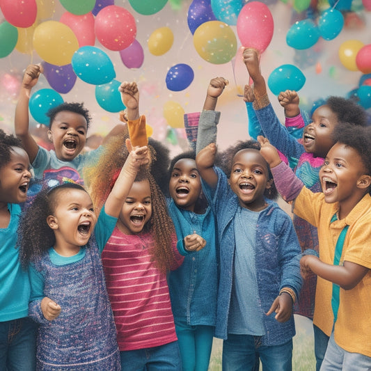A vibrant, colorful illustration of diverse children aged 6-12 gathered around a large, interactive math game board, laughing, pointing, and high-fiving each other amidst confetti and balloons.