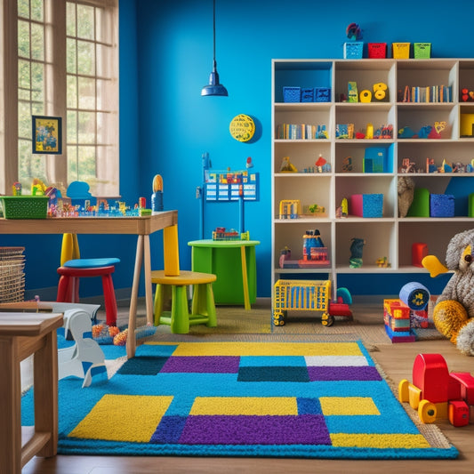 A colorful, clutter-free playroom with a variety of math toys and games scattered across a wooden table, including blocks, puzzles, geometric shapes, and a kid's abacus.