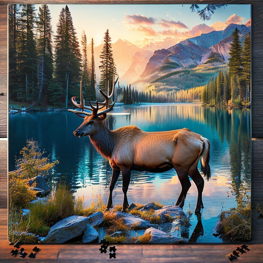 Boost your brainpower with Elk By The Lake: a high-quality wooden puzzle. Challenge your mind and relax with this captivating brain-boosting game!