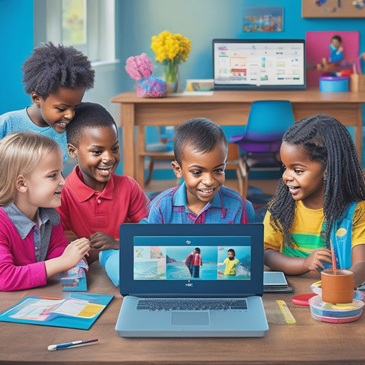 A colorful illustration of a homeschooling setup with a laptop, tablet, and interactive whiteboard displaying various math concepts, surrounded by happy, diverse children engaged in learning activities.