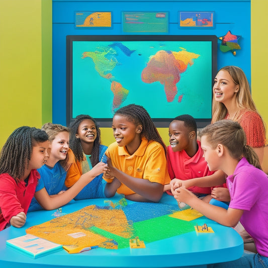 A bright and colorful illustration of a diverse group of 6th-grade students gathered around a large, interactive touchscreen display, surrounded by math-related objects and tools, with excited expressions and engaged body language.