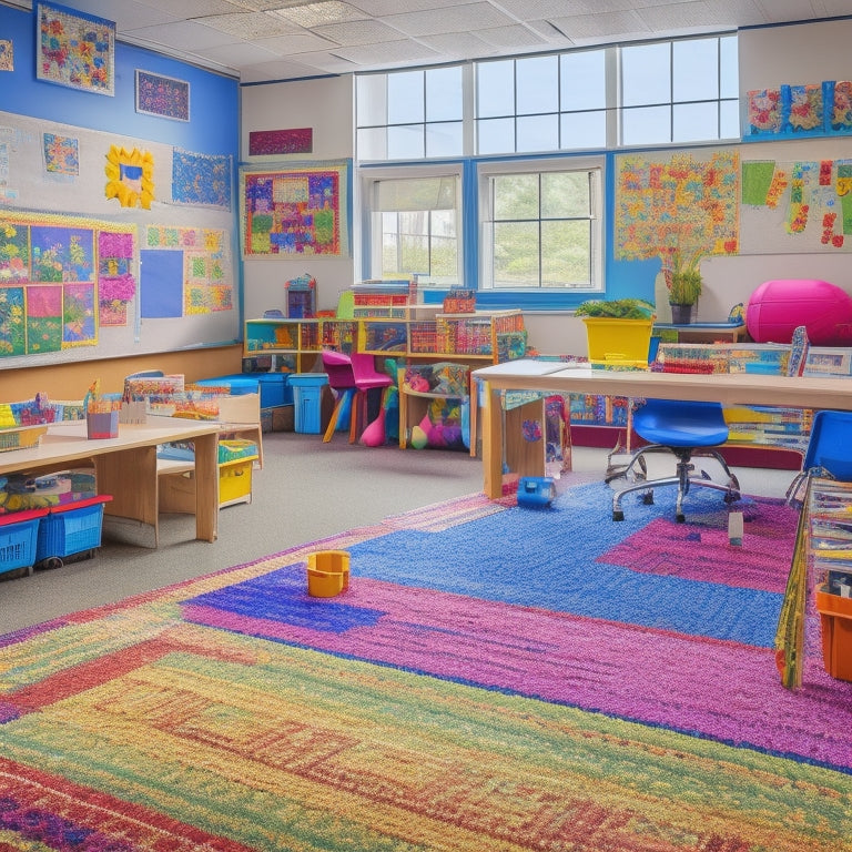 A vibrant, clutter-free classroom with eclectic decorations, colorful rugs, and diverse students engaged in various activities: building with blocks, playing musical instruments, and creating art projects.