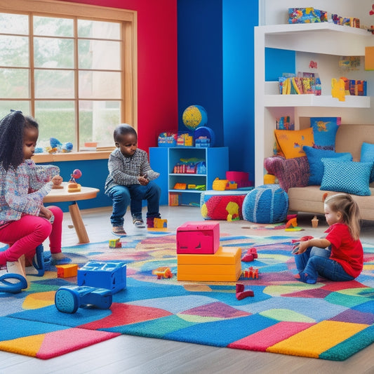 A colorful, clutter-free playroom with a diverse group of children (ages 4-10) engaged with various math-themed toys, including puzzles, blocks, geometric shapes, and a math-based board game.