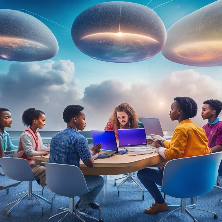 Illustrate a vibrant, futuristic classroom with diverse students engaged on laptops and tablets, surrounded by swirling clouds of data, glowing lightbulbs, and orbiting planets, symbolizing limitless learning possibilities.