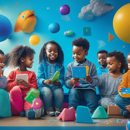 A colorful illustration of a diverse group of happy children aged 4-8, engaged with tablets, surrounded by thought bubbles filled with shapes, animals, and puzzles, amidst a subtle background of a playful, futuristic classroom.