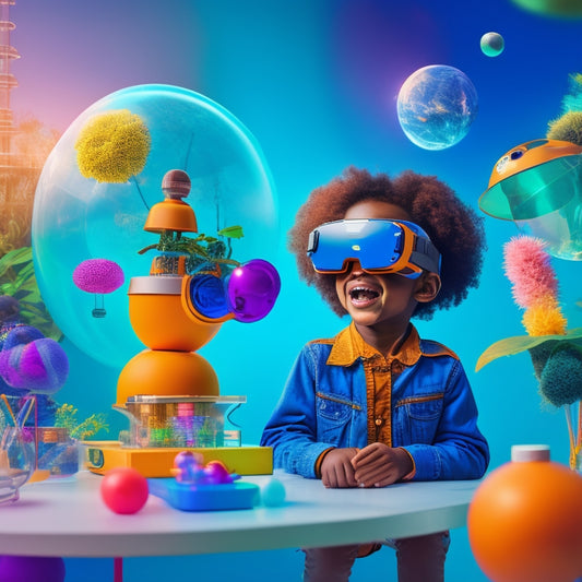 A bright, colorful illustration of a smiling kid wearing VR goggles, surrounded by floating science equipment, globes, and 3D models of atoms, plants, and animals, set against a futuristic laboratory backdrop.