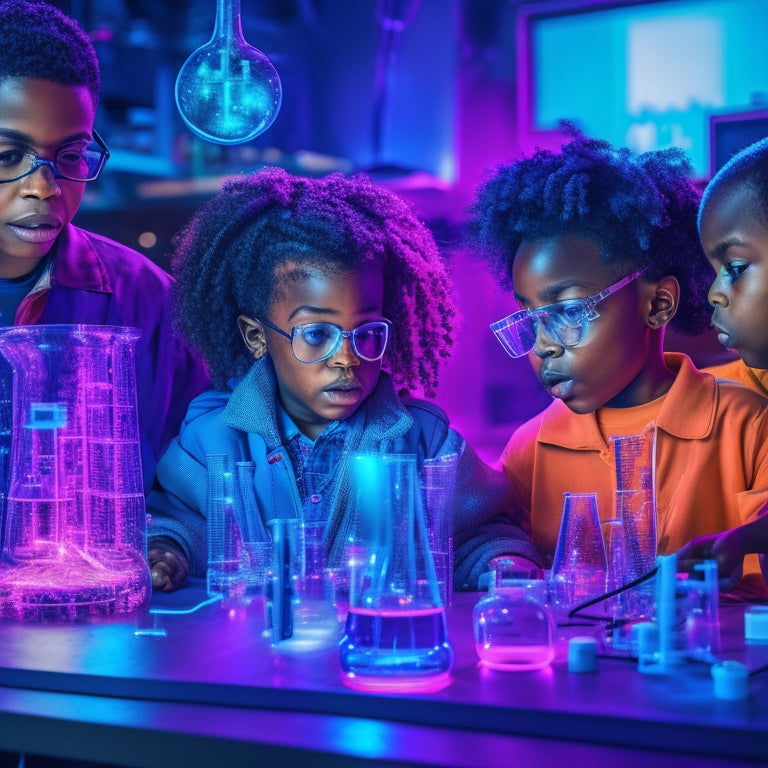 A vibrant, futuristic laboratory scene with diverse kids aged 8-12, engaged in hands-on science experiments, surrounded by colorful beakers, test tubes, and interactive gadgets, amidst a backdrop of circuit boards and neon lights.