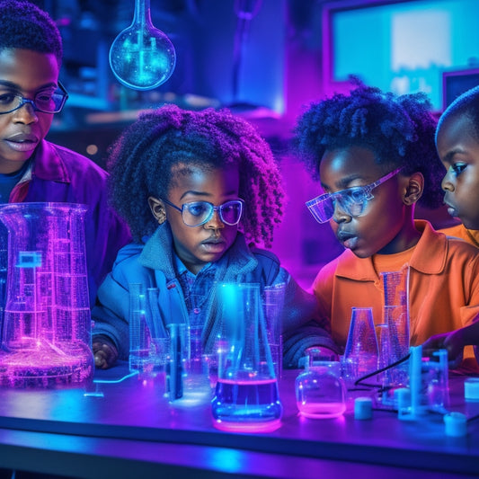 A vibrant, futuristic laboratory scene with diverse kids aged 8-12, engaged in hands-on science experiments, surrounded by colorful beakers, test tubes, and interactive gadgets, amidst a backdrop of circuit boards and neon lights.
