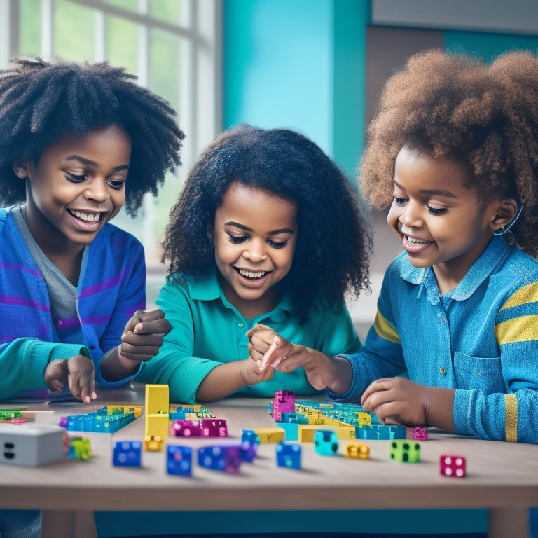 A colorful illustration of a happy, diverse group of kids with hearing aids or cochlear implants gathered around a table, engaged in a fun math game with blocks, dice, and puzzle pieces.