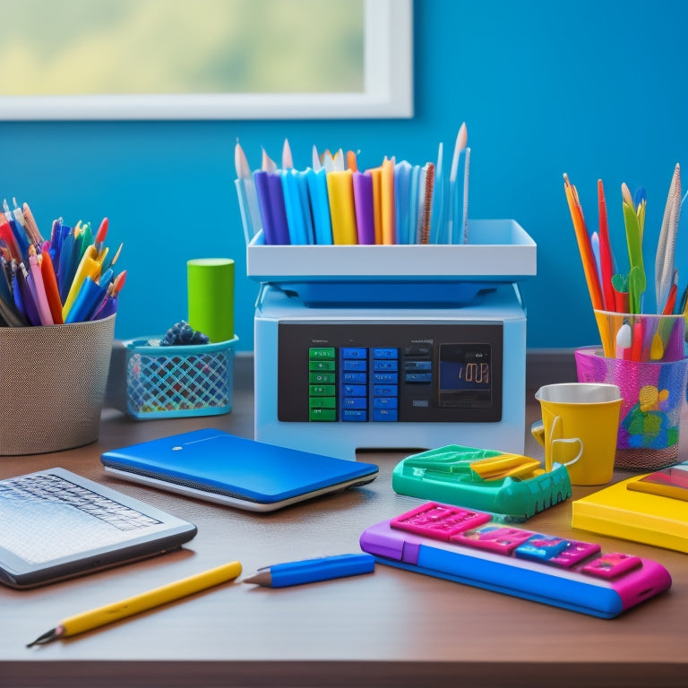 A colorful, clutter-free desk with a tablet displaying a vibrant math app, surrounded by scattered textbooks, pencils, and a calculator, with a subtle background of a child's smiling face.