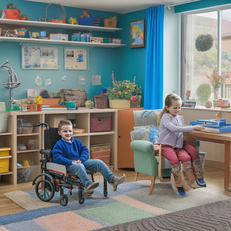 A colorful, organized, and clutter-free home learning space with a child in a wheelchair using a tablet, surrounded by assistive technology devices, educational toys, and a smiling caregiver in the background.