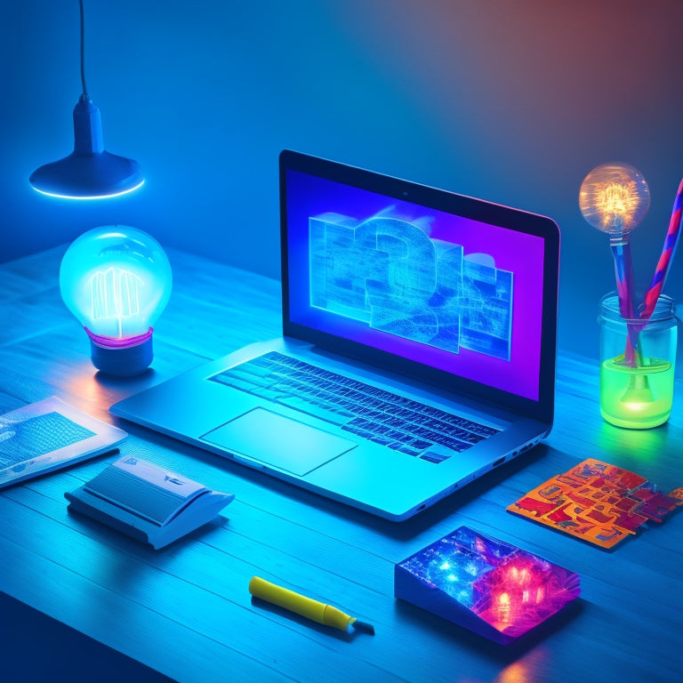 A vibrant, modern illustration of a laptop surrounded by glowing light bulbs, puzzle pieces, and icons of popular online educational platforms, set against a subtle gradient background of blues and whites.