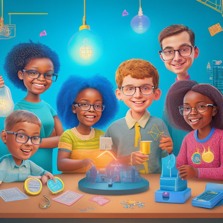 A cartoon illustration of a diverse group of happy students of various ages and abilities, surrounded by math-related objects like calculators, protractors, and puzzles, with glowing lightbulbs and sparks above their heads.