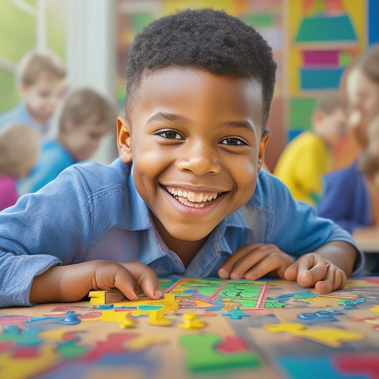 A colorful illustration of a smiling 3rd-grade student surrounded by puzzle pieces, brain teasers, and game boards, with a subtle background of a classroom or a playful study area.