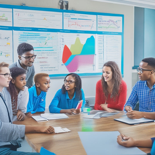 A colorful illustration depicting a teacher surrounded by diverse students, with math problems and graphs on a whiteboard, laptops, and tablets, showcasing various digital tools and resources.