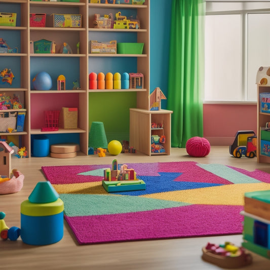 A colorful, well-organized playroom with a variety of Montessori toys, including wooden blocks, puzzles, and sensory materials, arranged on shelves and tables, with a few toys scattered on a rug.