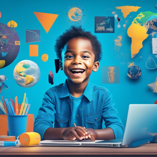 A colorful illustration of a smiling child sitting in front of a laptop, surrounded by floating icons of educational subjects (e.g., math, science, language) and virtual characters.