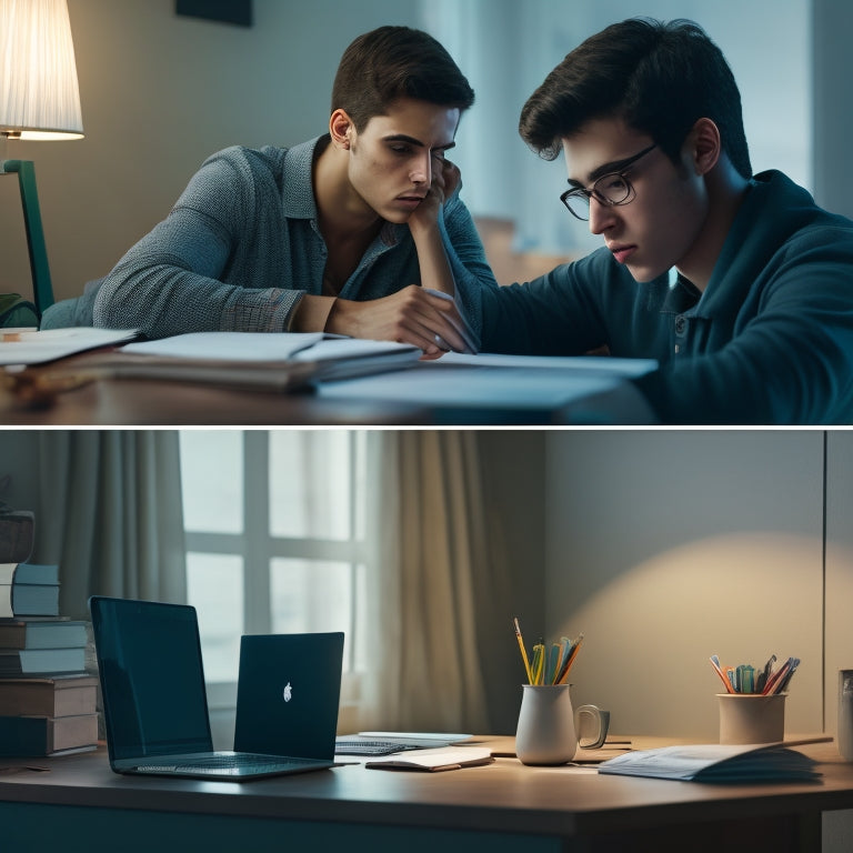 A split-screen image: a frustrated student sitting at a cluttered desk with math textbooks and papers scattered around, versus a calm student sitting in front of a laptop with a virtual math tutor on the screen, surrounded by minimalistic decorations.