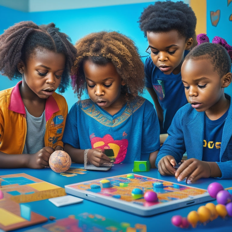A colorful illustration of diverse children aged 6-12 engaged in various math-based digital games on tablets and laptops, surrounded by math-inspired icons, shapes, and symbols in a futuristic classroom setting.