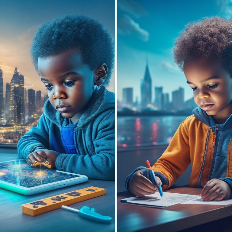 A split-screen illustration showing a child playing an educational math video game on a tablet, with a subtle cityscape or futuristic background, alongside a brain with glowing math symbols and formulas swirling around it.