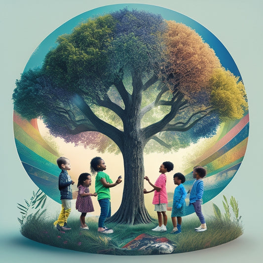 A colorful illustration of diverse children engaged with adaptive technology, surrounded by swirling shapes and lines representing personalized learning pathways, with a subtle background of a tree growing towards the sky.