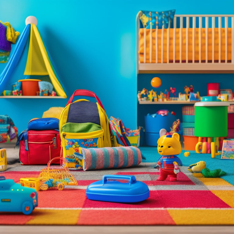 A colorful, clutter-free play area with a mix of travel-sized toys, puzzles, and books scattered around a kid's backpack, with a subtle airport or travel-themed background.