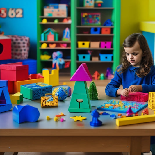 A colorful, clutter-free workspace with various math toys, including a geometric shape sorter, a set of number blocks, and a math puzzle, surrounded by happy, curious children's faces.