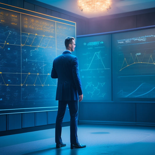 A stylized illustration of a teacher standing in front of a chalkboard filled with complex math equations, surrounded by glowing data points and charts, with a subtle background of a school corridor.