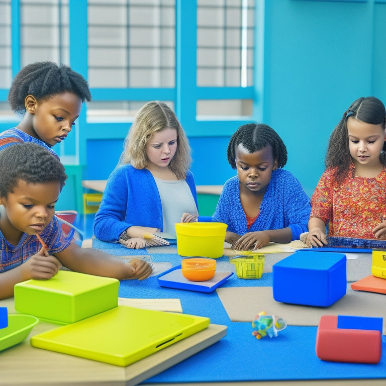 A colorful illustration of diverse elementary students using tablets and laptops, surrounded by math-inspired objects like geometric shapes, pattern blocks, and measuring tools, in a collaborative classroom setting.