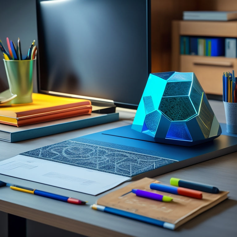 A futuristic, minimalist desk with a tablet displaying a math problem, surrounded by colorful, swirling shapes and geometric patterns, with a stylus and a few math textbooks in the background.