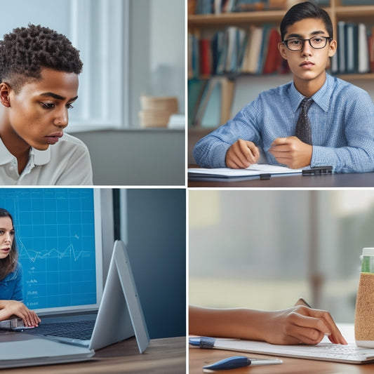 A split-screen image featuring a high school student sitting at a desk with a laptop open to a math problem on one side, and a virtual whiteboard with various math symbols and formulas on the other.