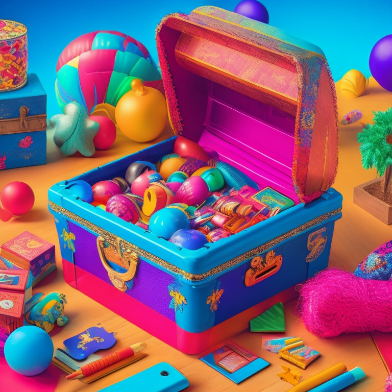 A vibrant, colorful illustration of a treasure chest overflowing with various SEN-friendly learning materials, such as puzzles, sensory toys, and assistive technology devices, surrounded by diverse, happy students.