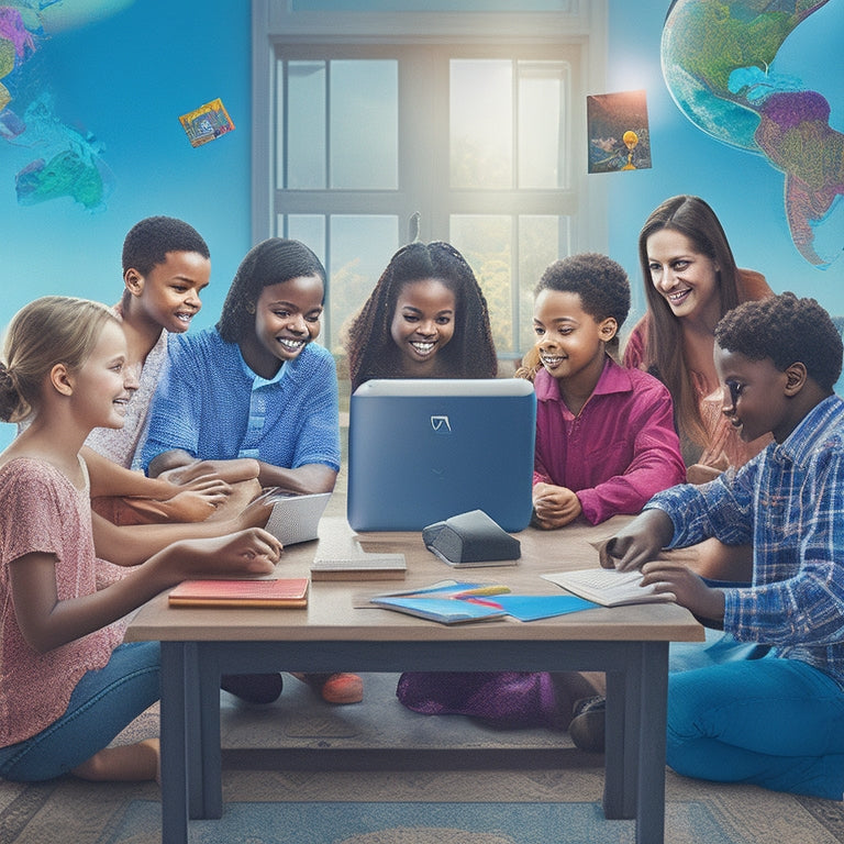 A colorful illustration featuring a diverse group of happy homeschoolers of various ages sitting around a virtual globe, surrounded by laptops, tablets, and math-related objects like calculators and geometry shapes.