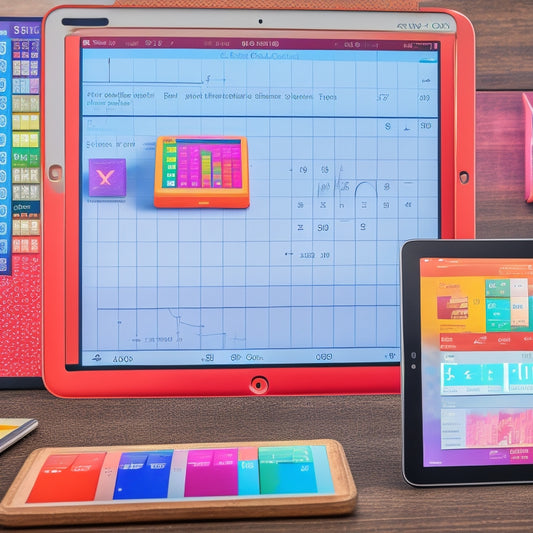 A colorful, clutter-free iPad screen displaying a split-screen comparison of various math apps, with geometric shapes, graphs, and equations in the background, surrounded by pencils and a calculator.
