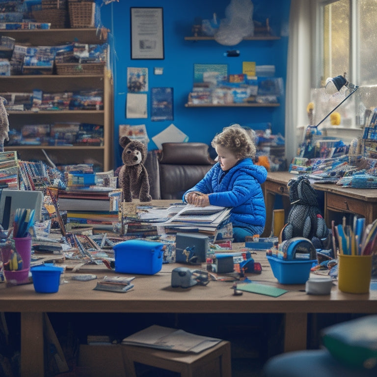 A cluttered home workspace with a frazzled parent sitting at a desk, surrounded by laptops, papers, and toys, while a child looks on in the background, with a subtle hint of chaos and overwhelm.
