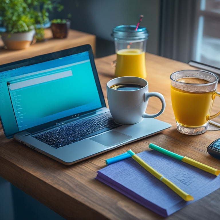 A warm, inviting illustration of a laptop, tablet, and smartphone surrounded by colorful sticky notes and a cup of steaming coffee, set against a cozy home workspace background with a subtle virtual classroom atmosphere.