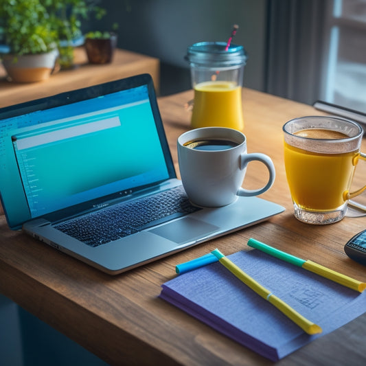 A warm, inviting illustration of a laptop, tablet, and smartphone surrounded by colorful sticky notes and a cup of steaming coffee, set against a cozy home workspace background with a subtle virtual classroom atmosphere.