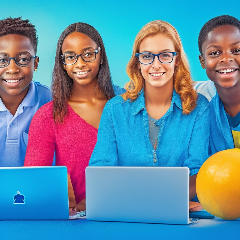 A bright, colorful illustration of a diverse group of middle school students, laptops open, surrounded by math symbols and formulas, with confident expressions and uplifted faces, set against a gradient blue background.