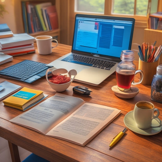 A cluttered student desk with a laptop, scattered math textbooks, and crumpled papers, surrounded by calming elements like a cup of steaming coffee and a few organized folders, with a subtle glow of a helpful online resource on the laptop screen.