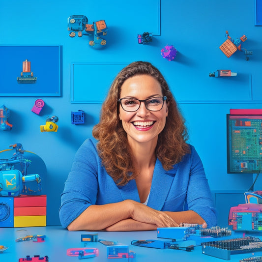 A colorful, clutter-free illustration of a smiling elementary teacher surrounded by various digital devices, robots, and coding blocks, set against a bright, gradient blue background with subtle circuit board patterns.