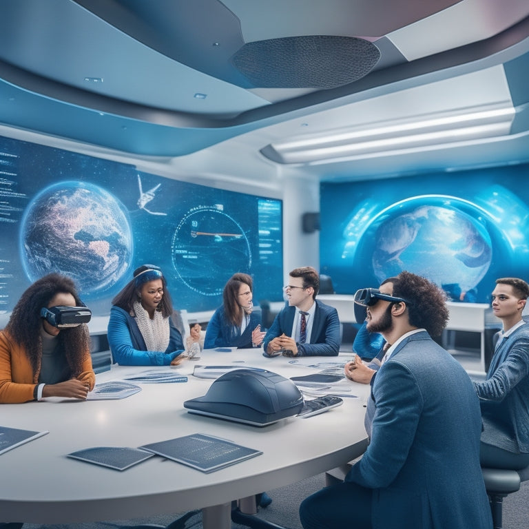 A futuristic classroom with 20 diverse students wearing VR headsets, surrounded by floating math symbols and 3D shapes, with a massive screen displaying a virtual lab environment in the background.