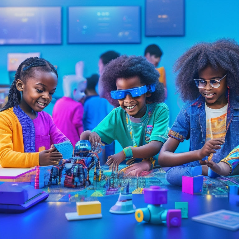 A colorful illustration of diverse children aged 6-12, surrounded by futuristic gadgets, robots, and coding blocks, engaged in collaborative STEM activities in a virtual reality classroom.
