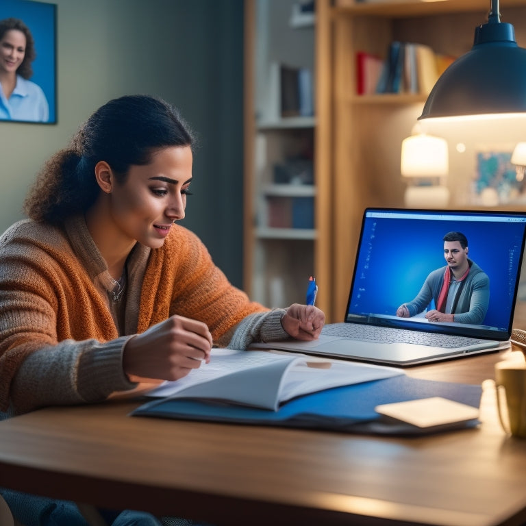 A serene, well-lit study area with a student seated at a desk, surrounded by textbooks and notes, engaged in a video call on a laptop with a friendly, approachable tutor on the screen.