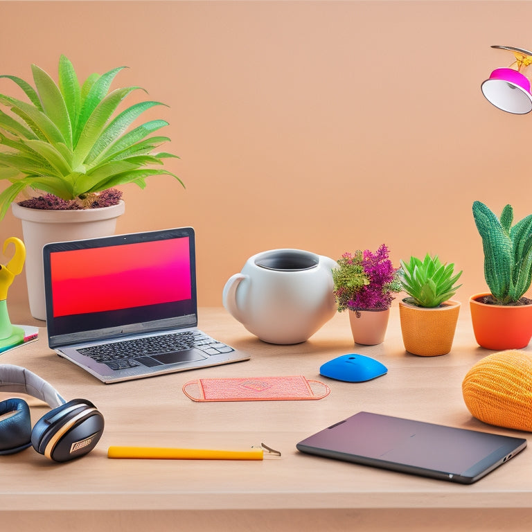 A colorful, clutter-free desk with a laptop, headphones, and a tablet, surrounded by a few favorite toys and a small potted plant, set against a bright, sunny background with subtle, soft focus.
