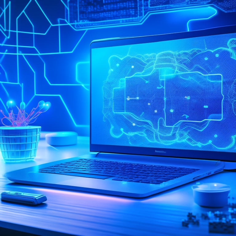 A futuristic, minimalist illustration of a brain with glowing blue circuits and neurons, surrounded by orbiting laptop and tablet screens displaying puzzle pieces, charts, and diagrams.